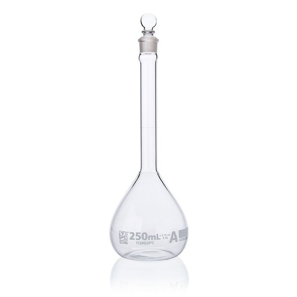 Globe Scientific Flask, Volumetric , Globe Glass, 250mL, Class A, To Contain (TC), ASTM E288, 6/Box 8200250